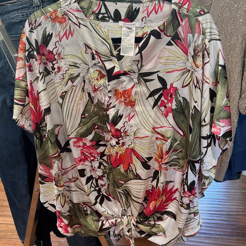 Chico's Vibrant Floral Blouse - Pink, Green, White